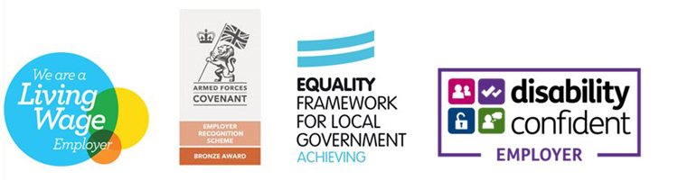 Living Wage Employer logo, Armed Forces Covenant logo, Equality Framework for Local Government Logo, Disability Confident Employer logo