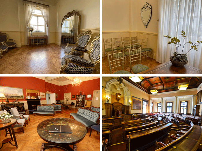Collage showing rooms in Brighton Town Hall available for ceremonies - clockwise from top left, the Ante Room, the Fitzherbert Room, the Council Chamber and the Mayor's Parlour 