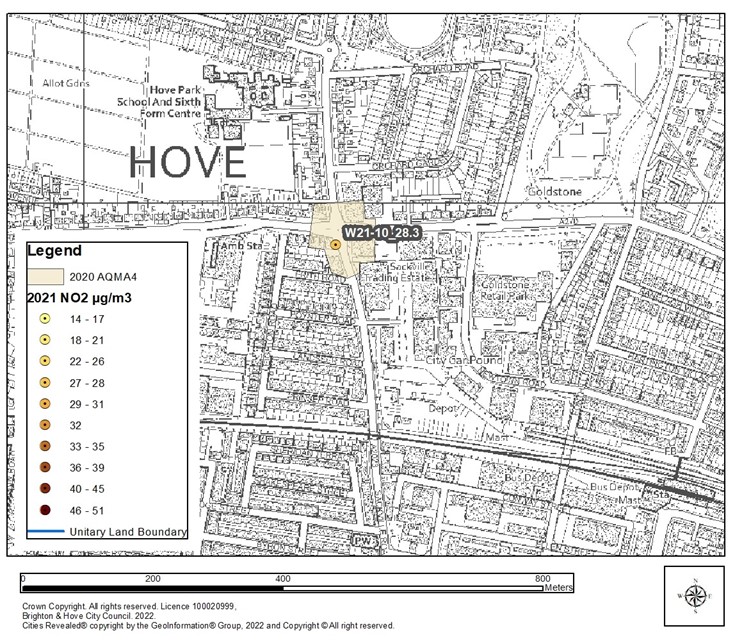 Map of Hove showing AQMA 4 monitoring A2023 and A270 area,