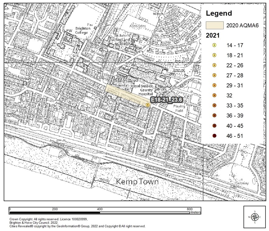 Map showing AQMA 6 Monitoring at The Drove and Preston Road A23 