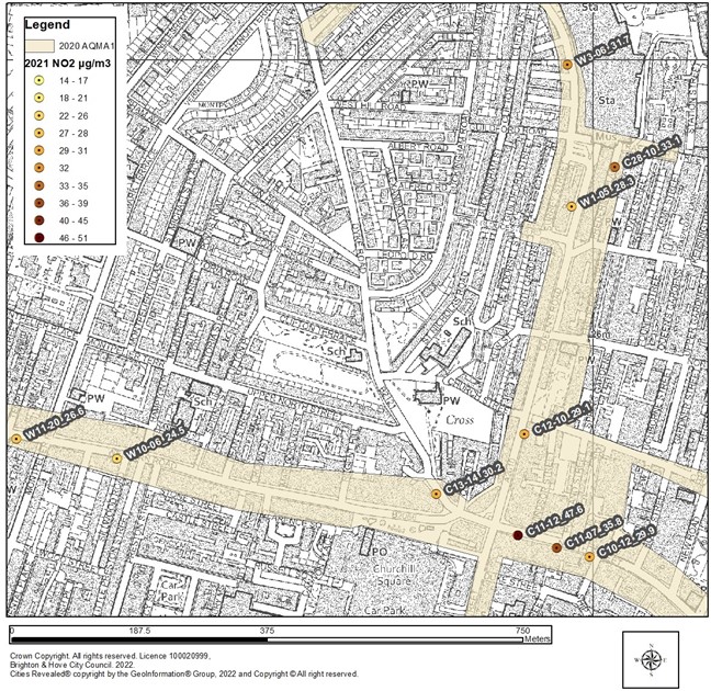 Map of Brighton showing AQMA 1 Monitoring Central ULEZ and main railway station