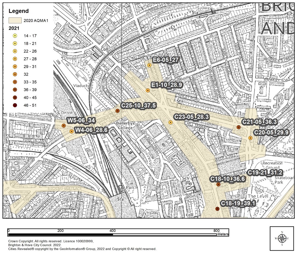 Map of Preston Park showing AQMA 1 Monitoring Preston Circus Area A270 and A23