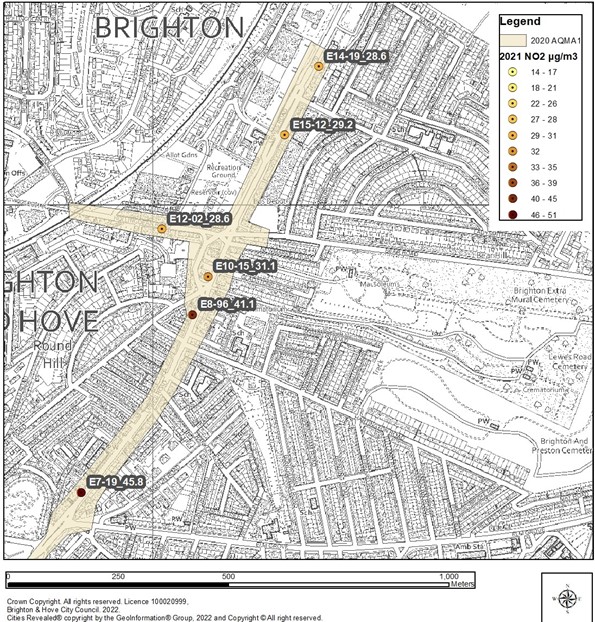 Map of Brighton showing AQMA 1 Monitoring Lewes Road Area