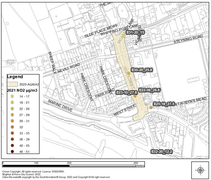 Map of Rottingdean showing AQMA 2 B2123 and A259 area.