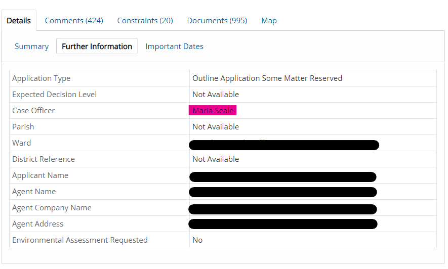 "Screenshot of table from the planning register. The third row in the table shows the name of the case officer we have assigned to the application. This is highlighted. The name in this case is Maria Seale. "