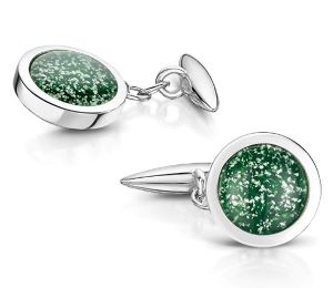 "Cuff links in silver metal with green stones"