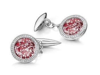 "Silver halo cufflinks with red stones"