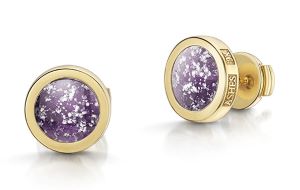 "Gold earrings with a purple stone"