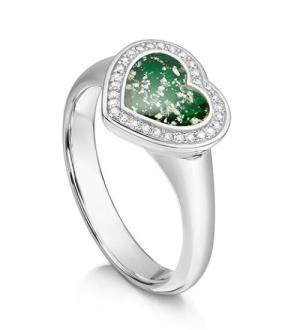 "Halo heart ring in silver metal with a green stone"