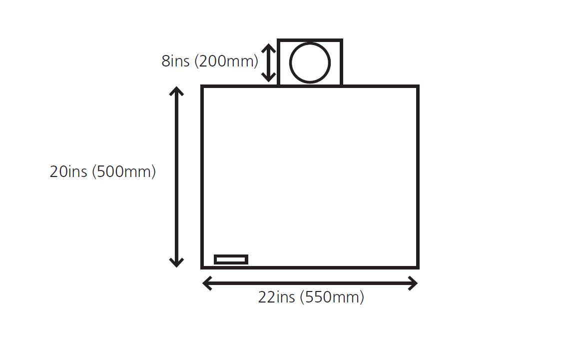 "A rectangle showing 22 inches (550 mm) on the horizontal edge representing maximum tablet length; 22 inches (500mm) on the vertical edge representing maximum tablet length. On top of the rectangle is  a smaller rectangle with a circle inside labelled 8 inches (200 mm) this represents the maximum size container for holding cut flowers."