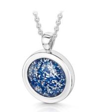 "Round pendent with a blue stone set in silver metal"