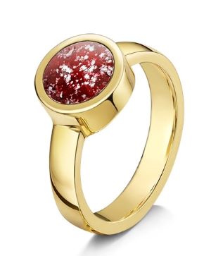 "Tribute ring in gold metal with a red stone"