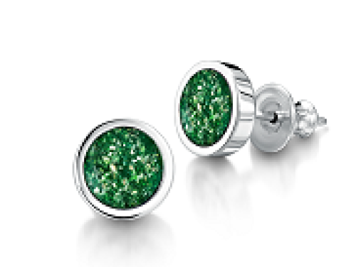 "Round green memorial earrings with silver metal surround"