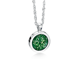 "Round green memorial pendent on a silver chain"