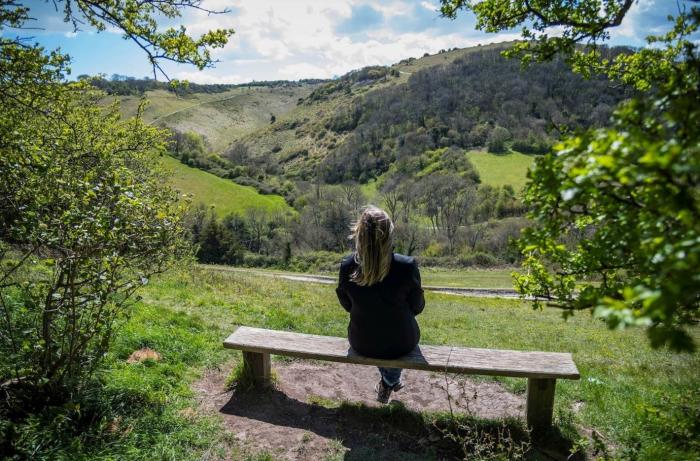 Person sitting on a bench overlooking Devil's Dyke.