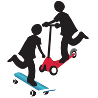 Big icon of children playing on a scooter & a skateboard