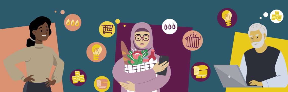 illustration showing a man on a laptop, a woman holding a phone and groceries and a woman with her hands placed on her hips
