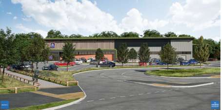 Mock up of a new Aldi store at the end of a road, surrounded by trees.