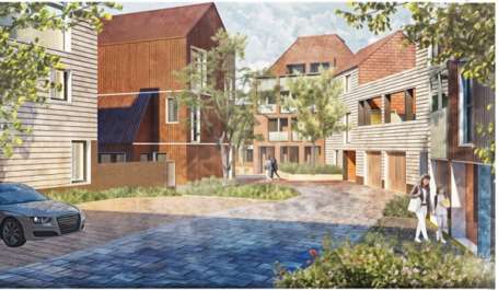 Artist's impression of Benfield Valley. Some houses and trees.