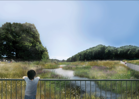 Artists impression of Wild Park rainscape. Blue sky. Trees. Grassy ground with small river. Child leaning over a railing looking at view.