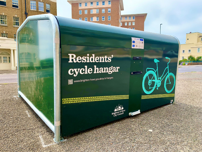 a cycle hangars with the words 'residents' cycle hangar' on it
