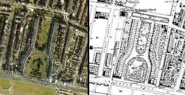 Birds eye view and sketch of Adelaide Crescent Gardens and Palmeira Square Gardens.