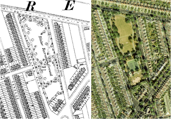 Image of Blakers Park from above, and map of the park.