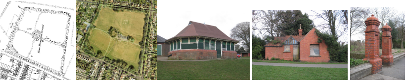 A series of images including a map of Hove Recreation Ground, a bird's eye view of the recreation ground, and three images of the structures in the recreation ground.