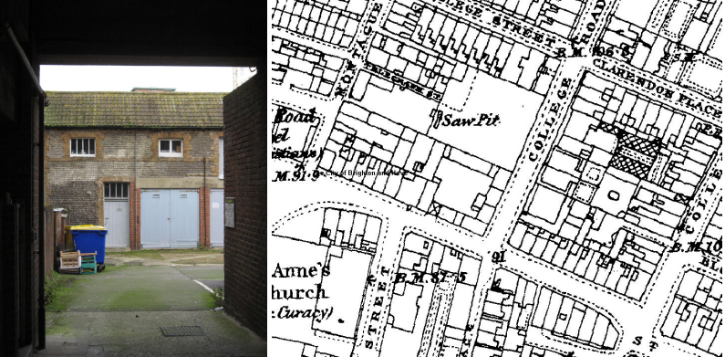 Image of Mews building to rear of Garnet House, next to a map of the area.