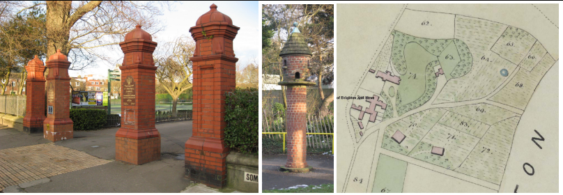 Image of St Ann’s Well Gardens, Somerhill Road, Hove. An image of a map of the park, and some of the red brick features in it.