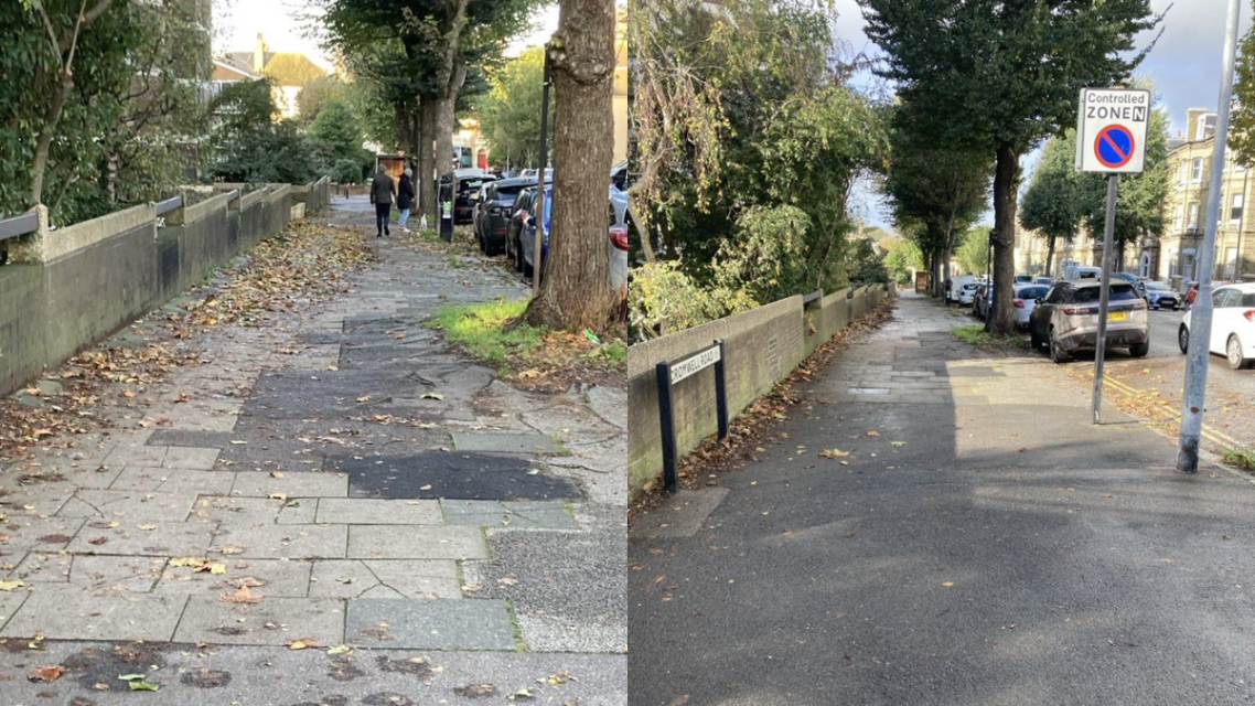 Before and after photographs of leaves cleared from Cromwell Road.