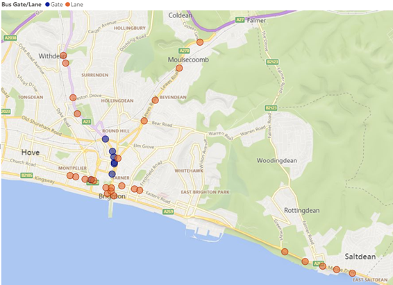 Map showing the location of bus gates in Brighton and Hove.