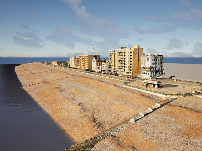 A computer generated image of a large beach with buildings in the background