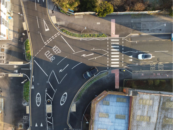 A drone picture of a road junction