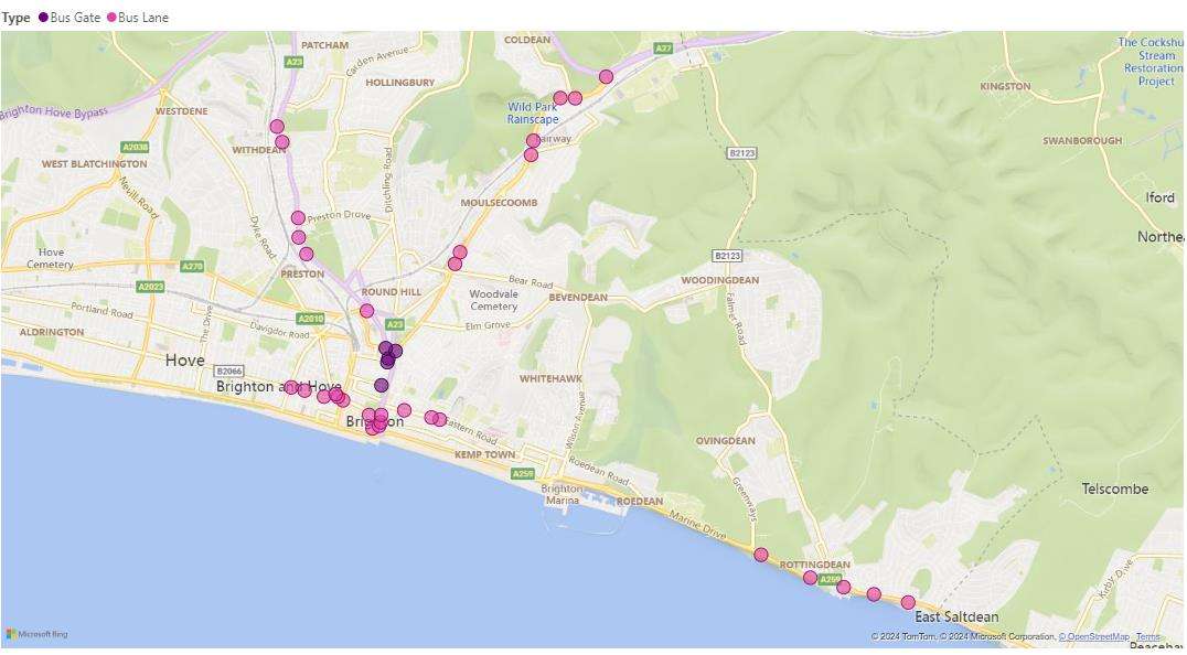 Map showing the location of bus gates and bus lanes across Brighton & Hove.