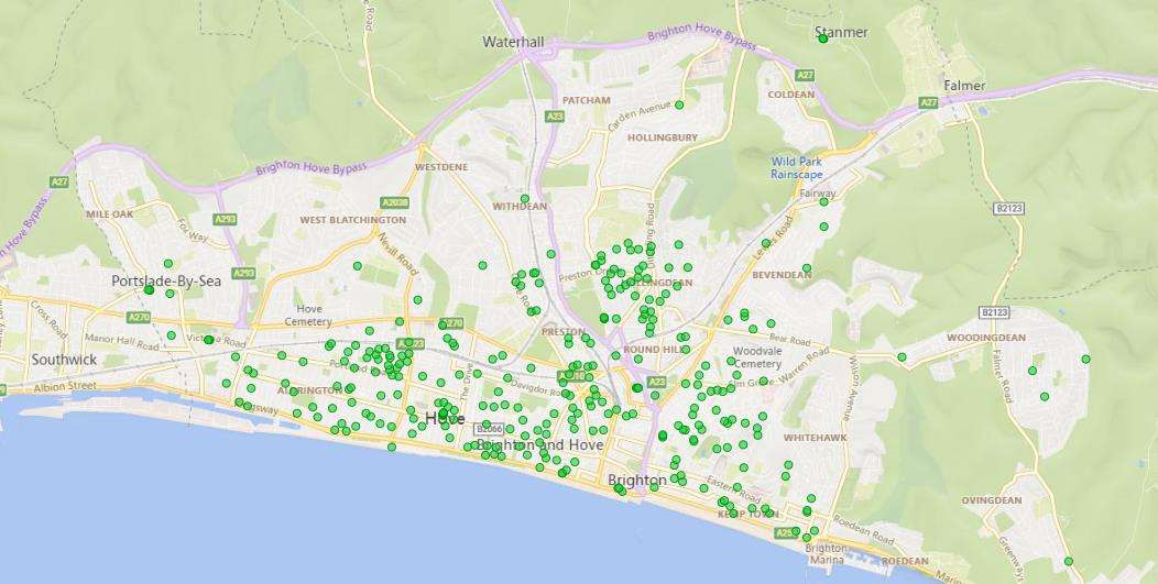 A map showing where EV chargers are installed across Brighton & Hove.