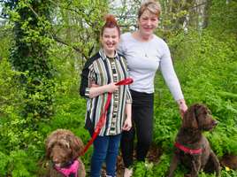 Two women walking dogs in a forest settings