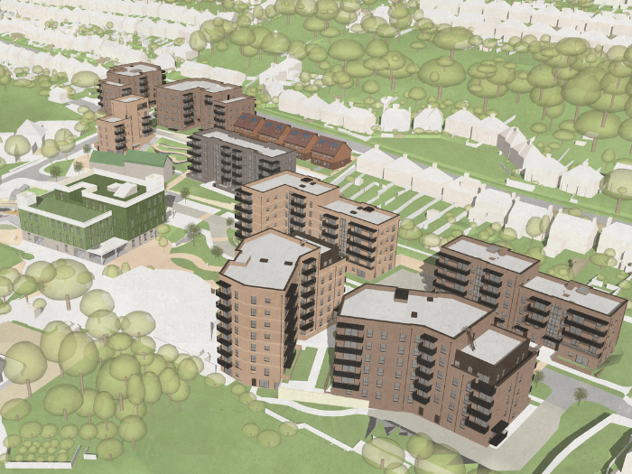 Architect&rsquo;s image of the proposed Moulsecoomb housing and community hub development from the south-west