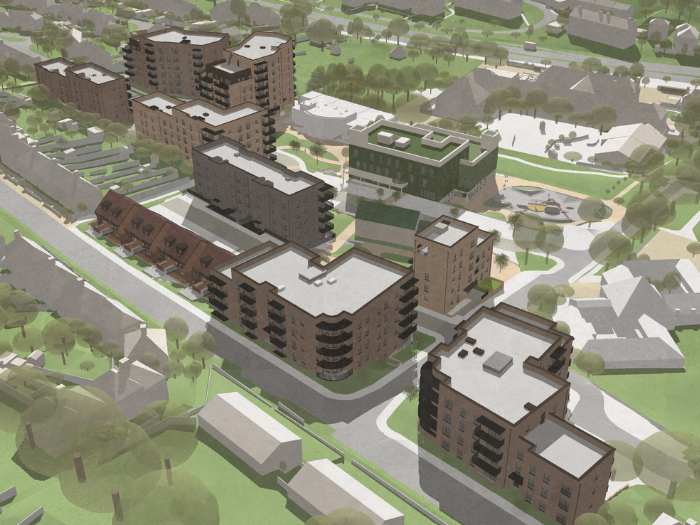 Architect&rsquo;s image of the proposed Moulsecoomb housing and community hub development from the north-east