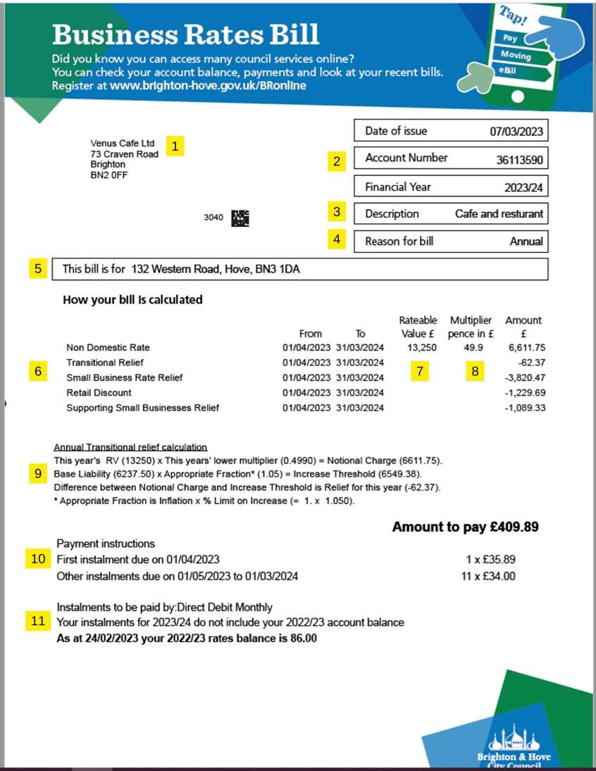 A business rates bill highlighting sections, a text version is available below