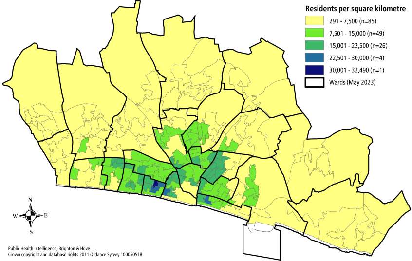 Map of residents per square kilometer in Brighton & Hove