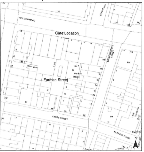 Black and white map indicating the gate locations on Farman Street