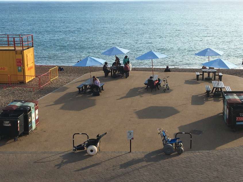 Area of Brighton beach which is accessible for wheelchair users. This deck is overlooking the sea.