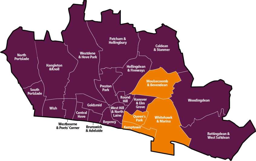 A ward map of Brighton & Hove highlighting the 4 wards where the Selective Licensing designation will apply. The wards are Queens Park, Kemptown, Moulsecoomb & Bevandean, and Whitehawk & Marina