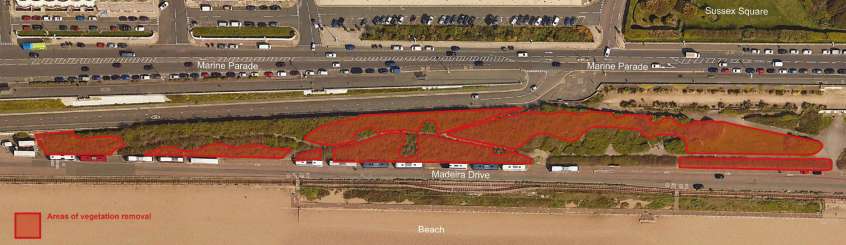 View from above of Duke's Mound, as it is now, showing in red the areas of vegetation that will be removed