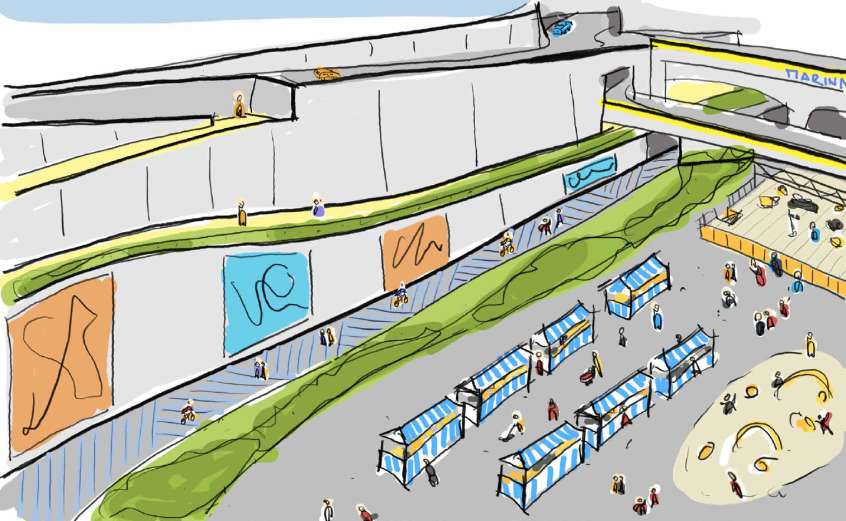 An illustration of the proposed new link between the eastern seafront and Brighton Marina, featuring public art on the retaining wall