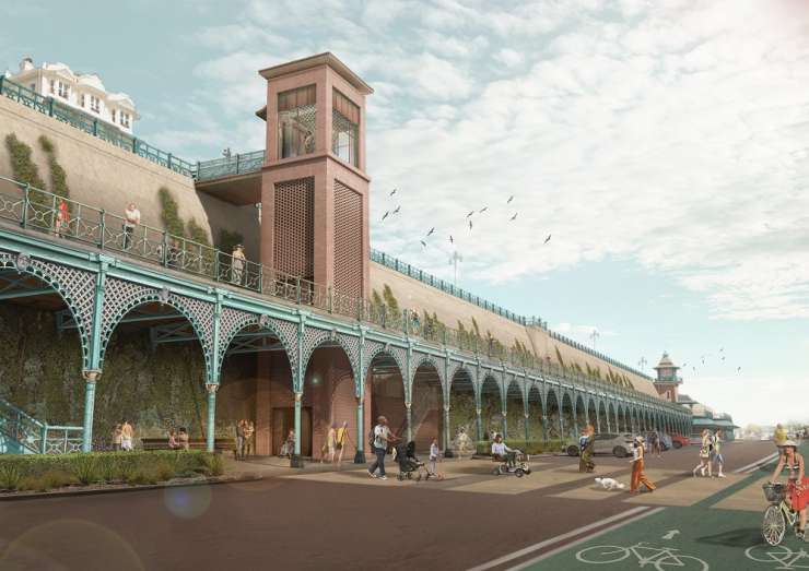 An artist's impression of the new, glass fronted, lift on Madeira Terrace. Along with a pedestrianised crossing and improved stairway.