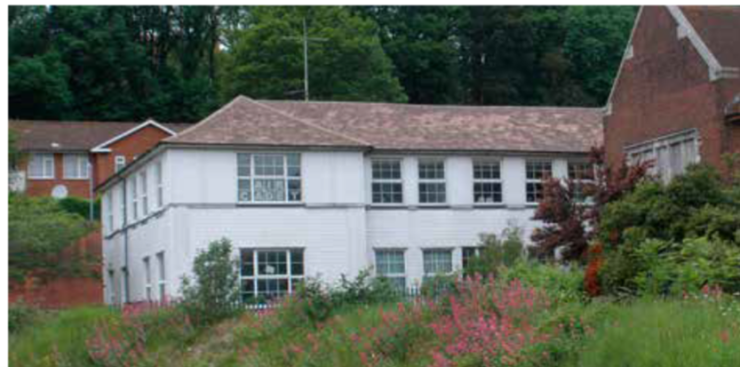 Two storey building taken from the south-east prior to redevelopment of the surrounding area.