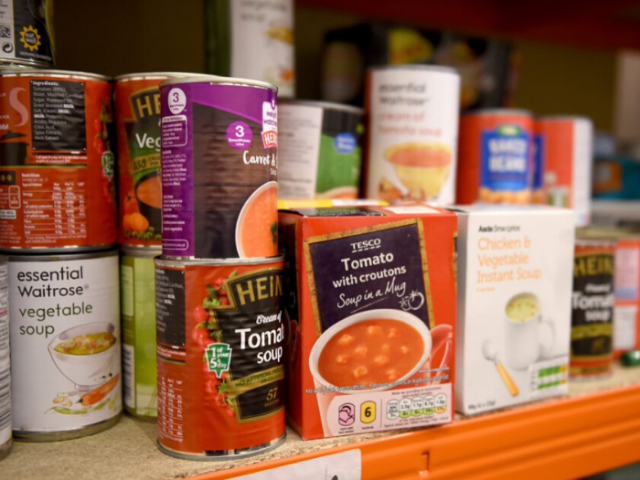 A full shelf in a food bank