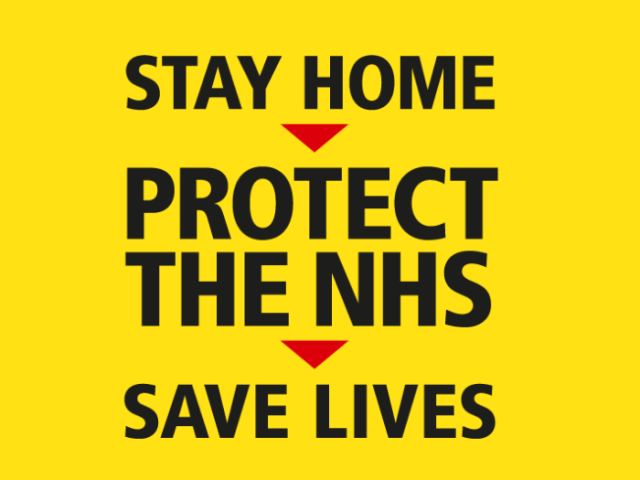 Yellow box with text saying stay home, protect the NHS and save lives